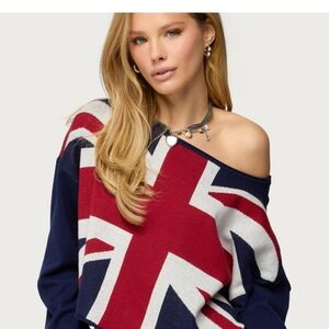 Edikted Off-the-Shoulder Union Jack Sweater in Navy, Red, White